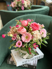 MOTHER'S DAY - Pretty Pink flower arrangement featuring pink roses, carnations, and white alstroemeria in a glass vase. Luxury floral gift for same-day delivery in Toronto by Moon's Flowers