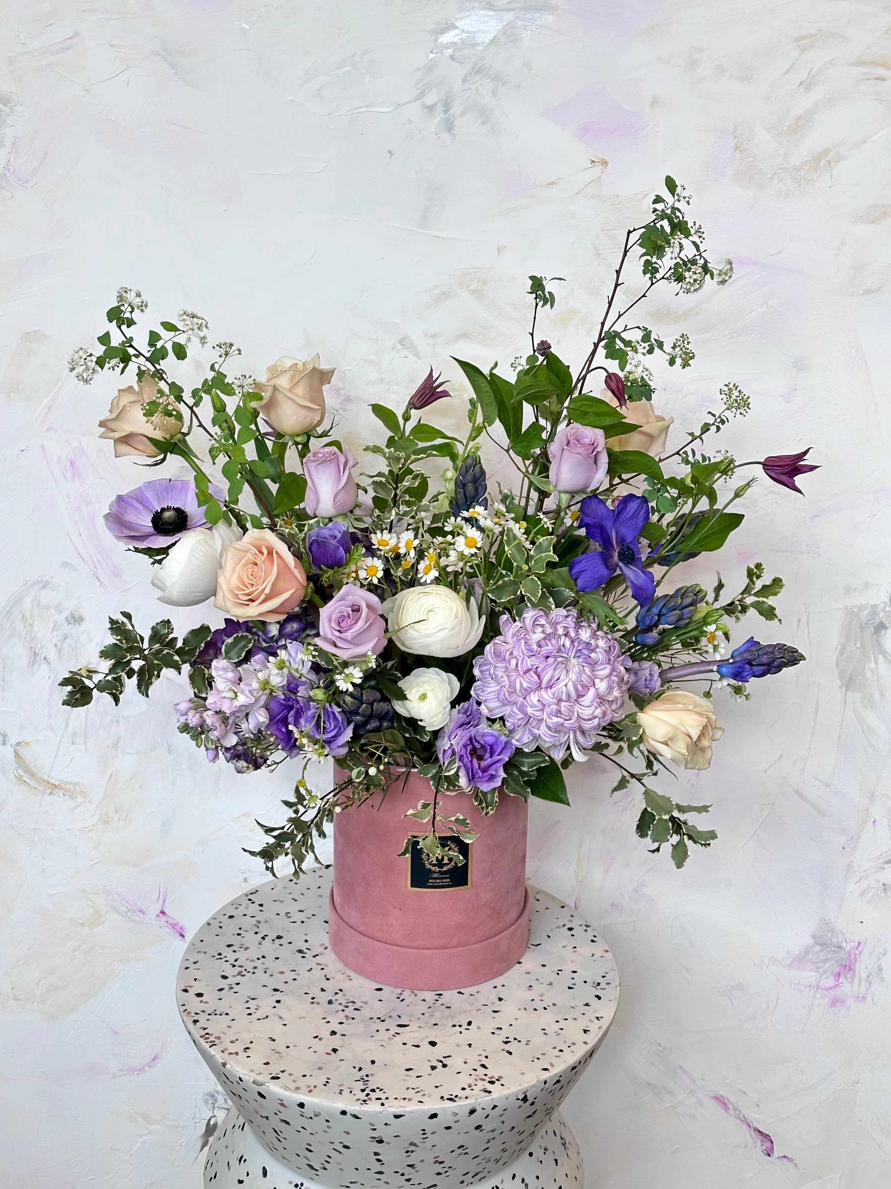 Pink Blossom Box with pink box and white background, from Moon's Flowers, a Toronto florist that does same-day delivery around the GTA