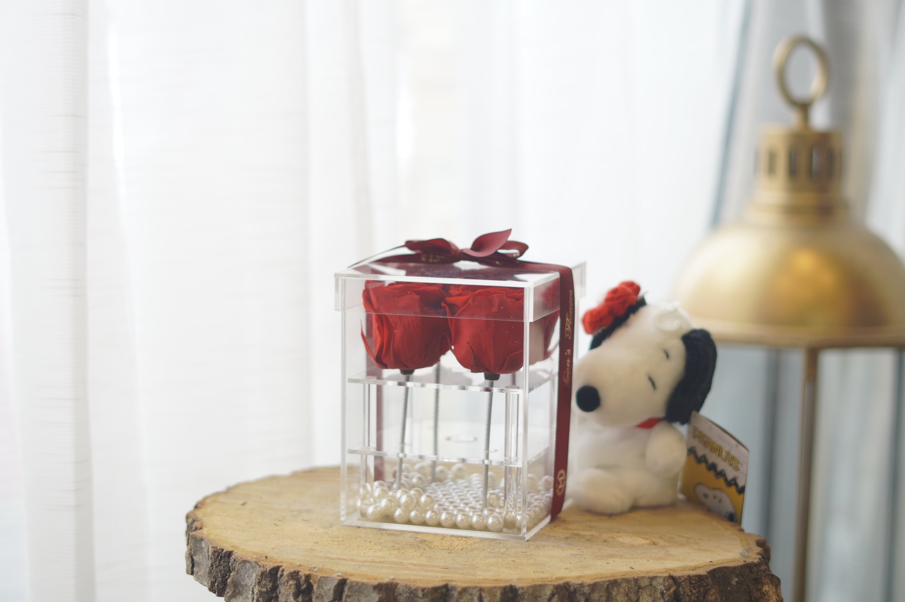 Red Preserved Rose of 4, next to an add-on stuffed animal. Showcasing pearls and an elegant bow to tie the piece all together.