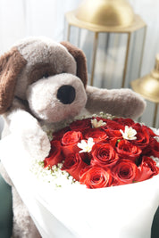 15 red round bouquet with toffy dog