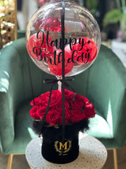 Romantic rose box arrangement with balloon add-on for a celebratory gift By Moon's flowers delivery in Toronto