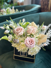 Romantic pink and white floral arrangement for "Just Because" gifts. Local hand-delivery in Toronto, Mississauga, and Oakville by Moon's Flowers.