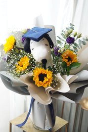 Snoopy graduation bouquet with sunflowers and purple flowers, bright graduation bouquet Toronto