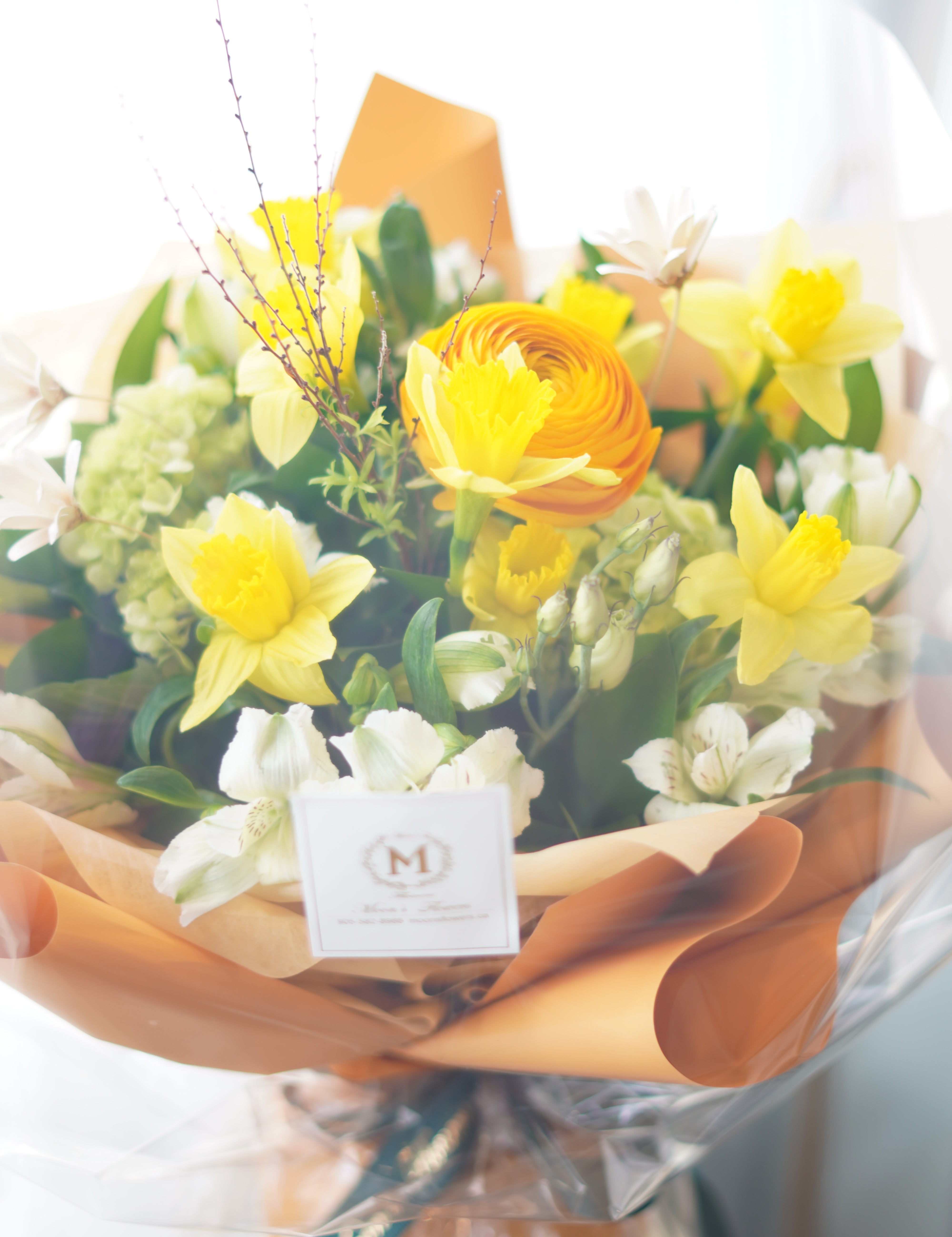 Spring flower bouquet with yellow daffodils, ranunculus and white blooms in soft wrapping