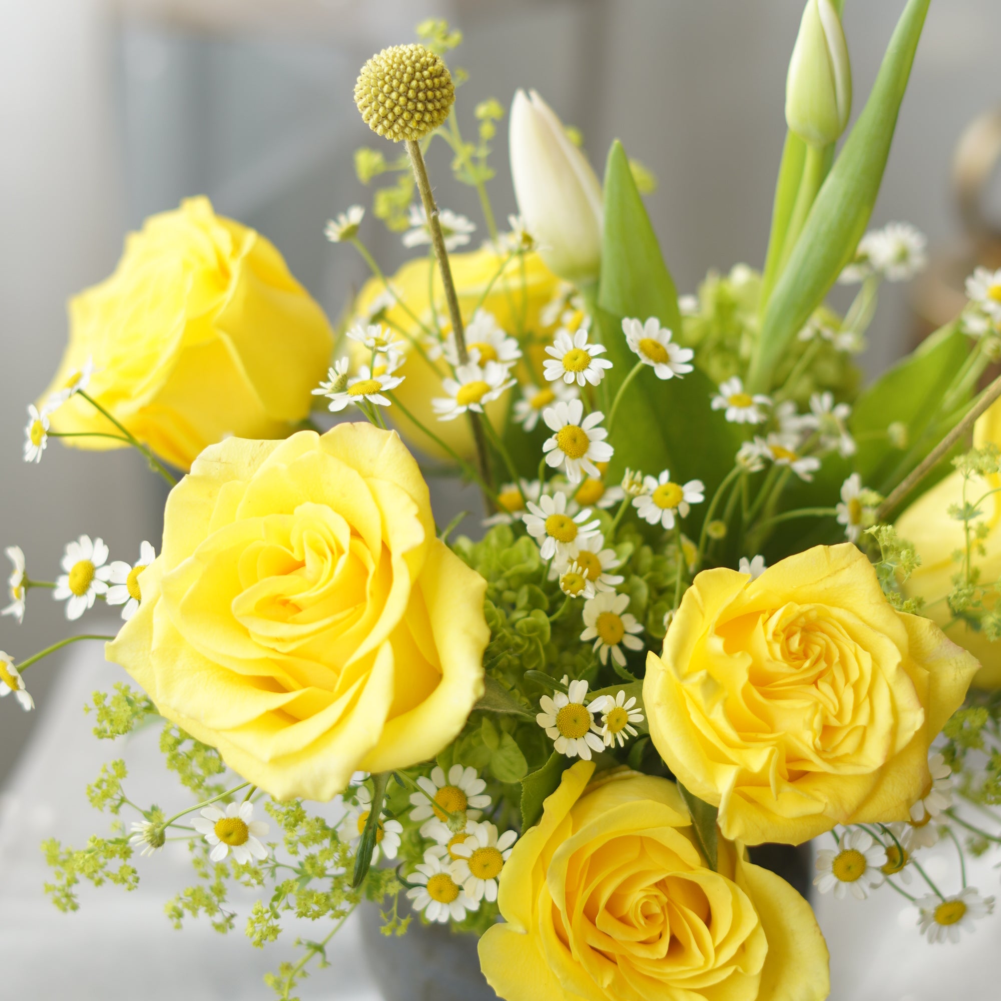 Yellow roses with chamomile flowers and tulips arranged in a round modern ceramic pot.