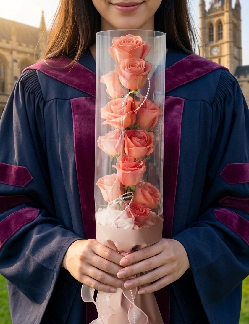 graduation girl holding tanghulu rose bouquet on campus, clear wrap rose bouquet Toronto