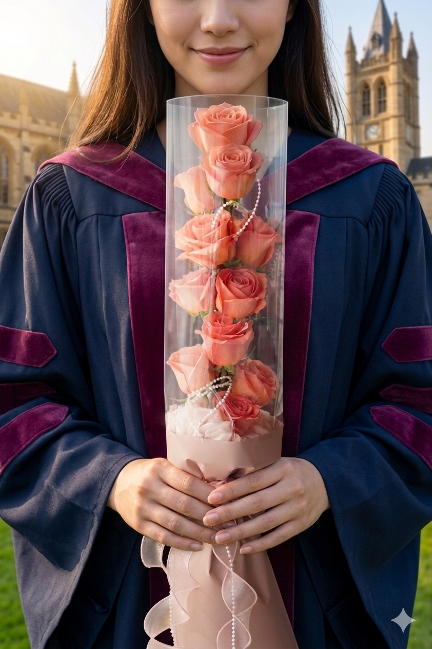 graduation girl holding tanghulu rose bouquet on campus, clear wrap rose bouquet Toronto