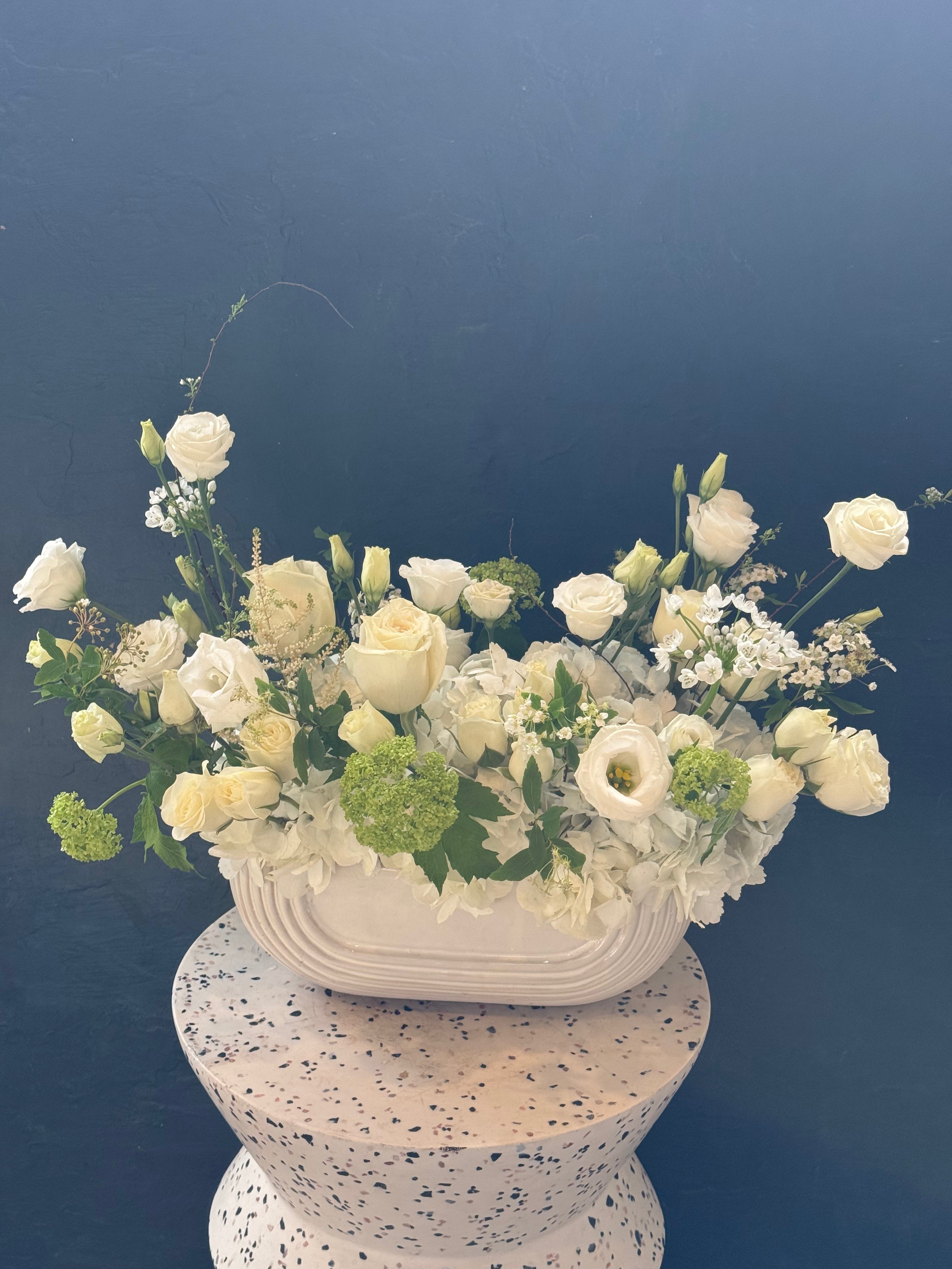 luxury white flower arrangement for funeral service Toronto same day delivery