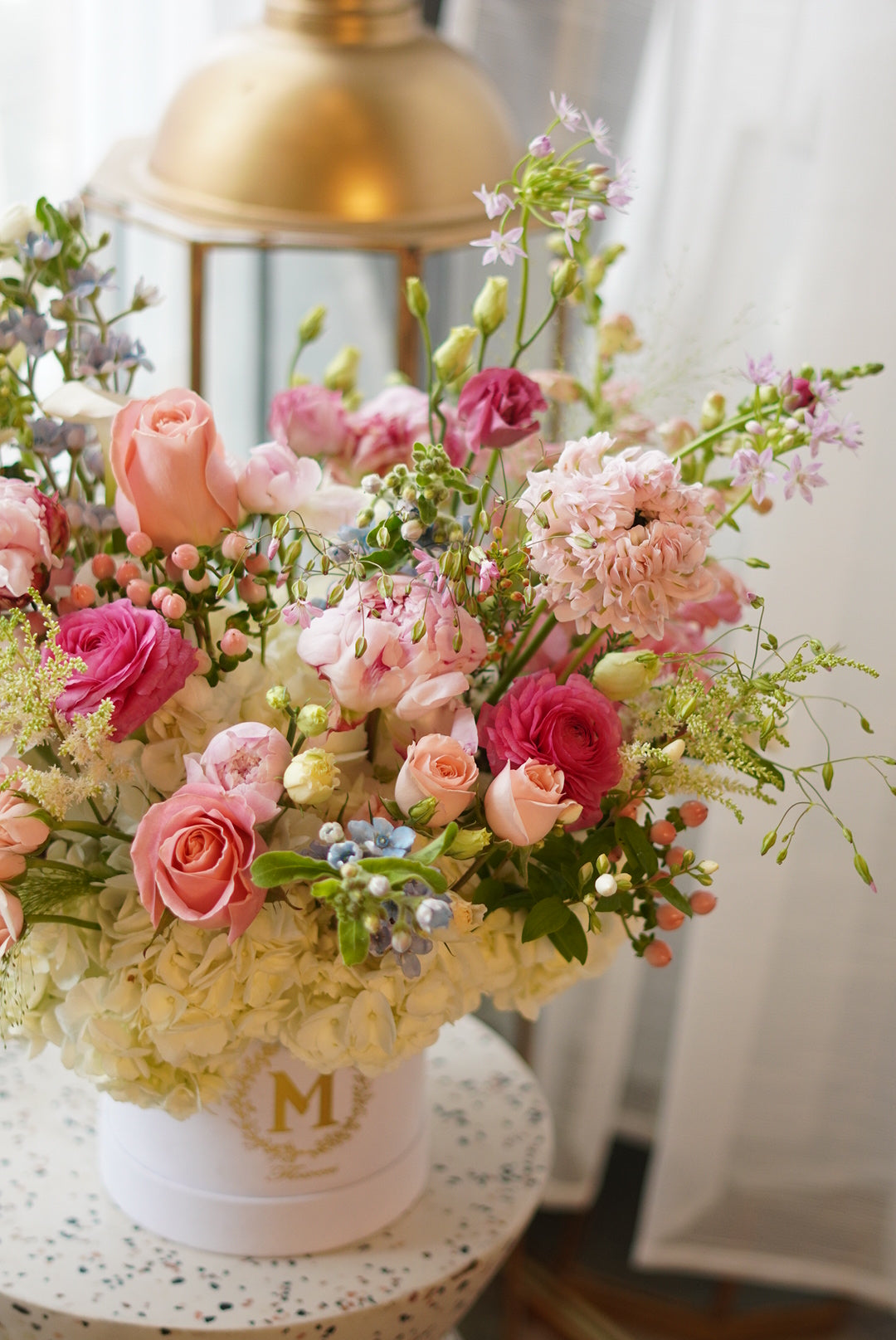 pastel pink rose and various flowers box arrangement for home decor and Mother's day gifting