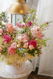 pastel pink rose and various flowers box arrangement for home decor and Mother's day gifting