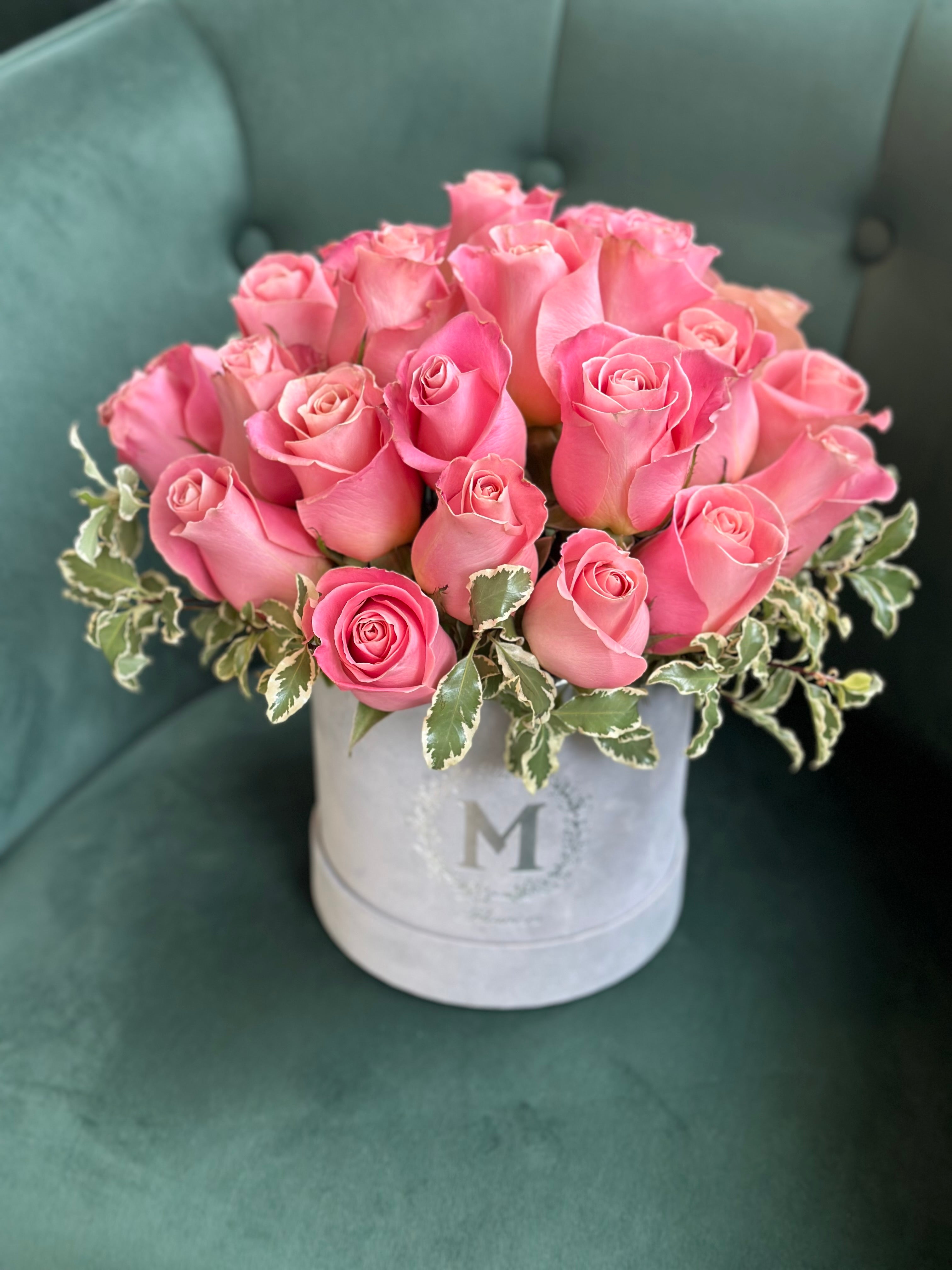 Romantic pink 24 roses box with variegated pittosporum /Moon's flowers/ fresh flowers/ Oakville