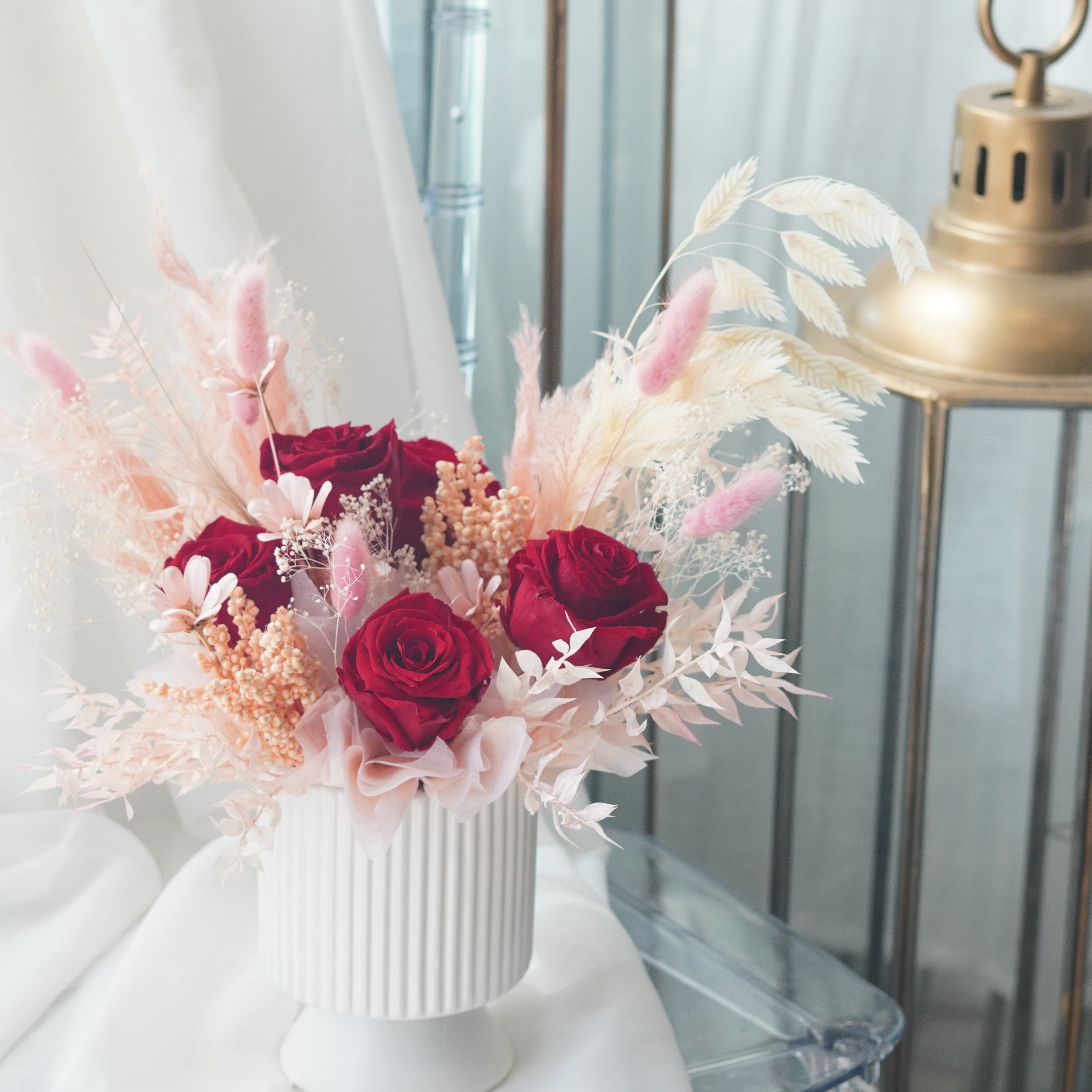 preserved red rose arrangement blush dried flowers toronto
