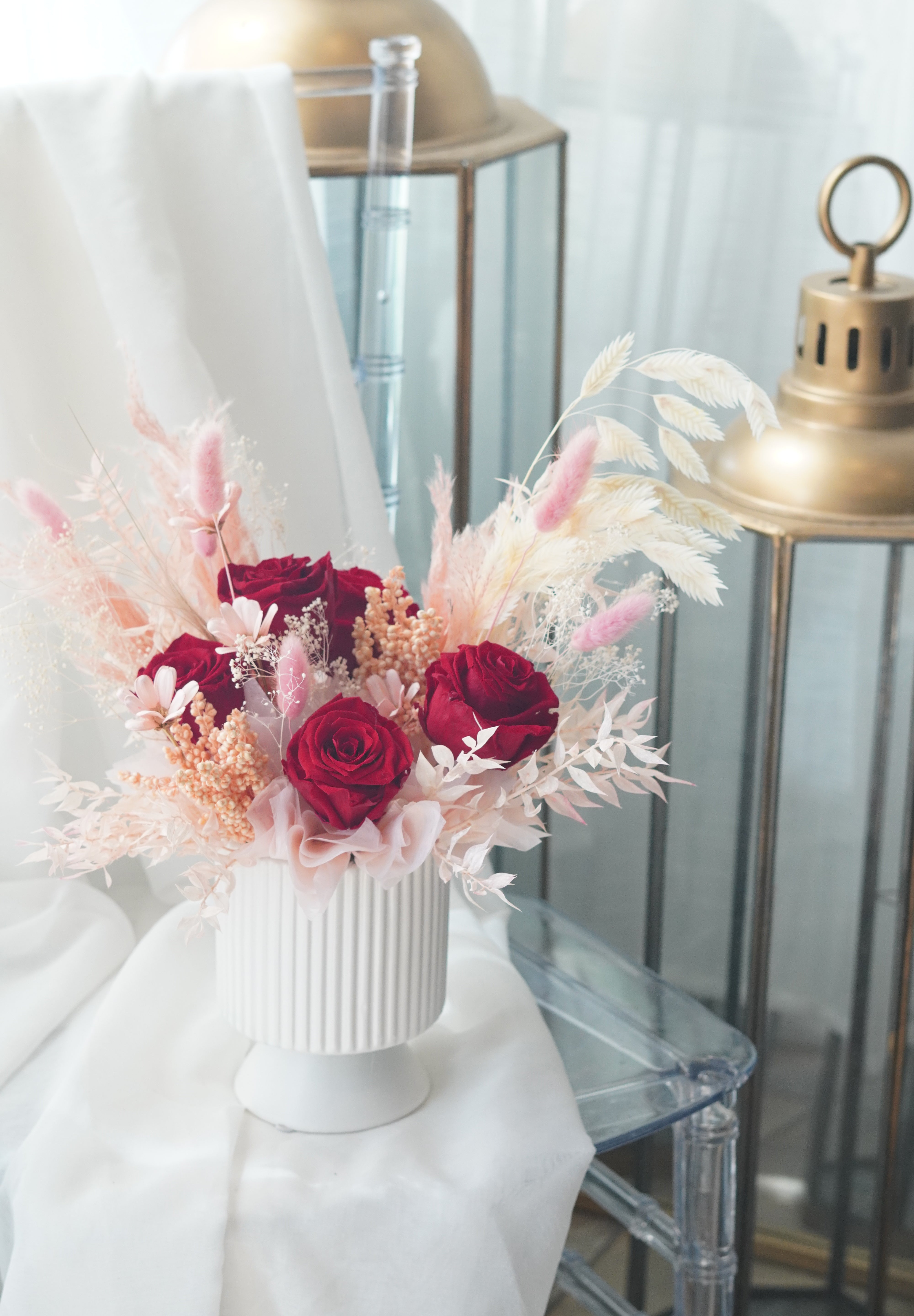 preserved red rose arrangement blush dried flowers toronto