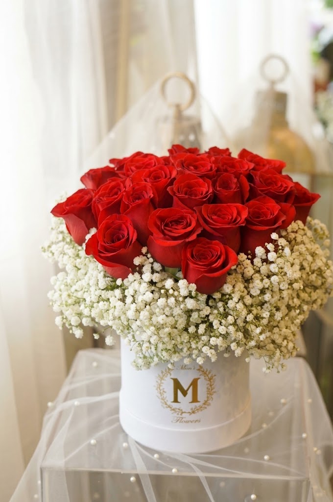 Luxury red roses and gypsophila box with gold monogram detail — Moon's Flowers Oakville