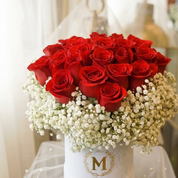 Luxury red roses and gypsophila box with gold monogram detail — Moon's Flowers Oakville