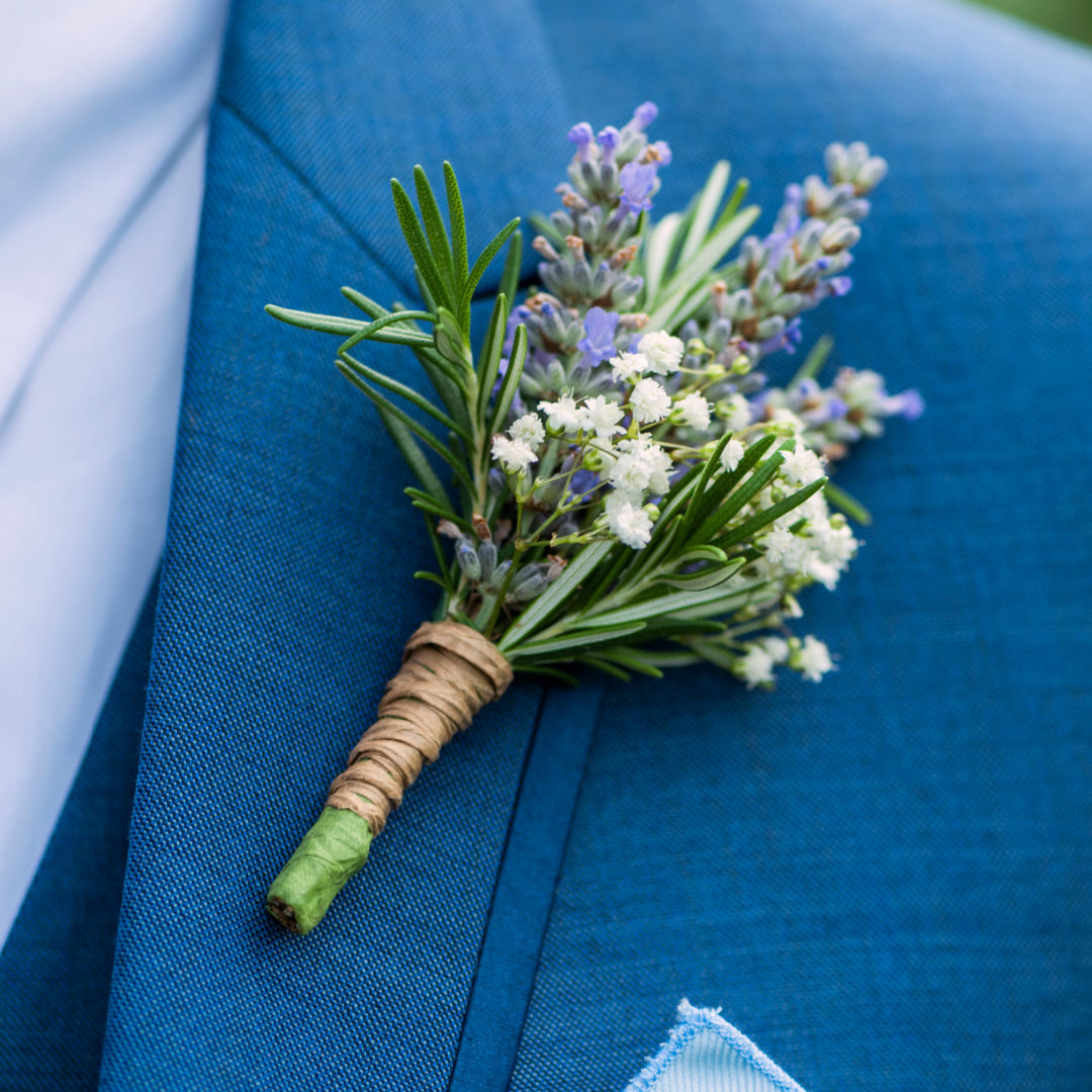 blue boutonniere wedding groom flower greenery Toronto Moon’s Flowers
