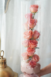 tanghulu rose bouquet full view, hand-held vertical rose bouquet with clear wrap and ribbon finish