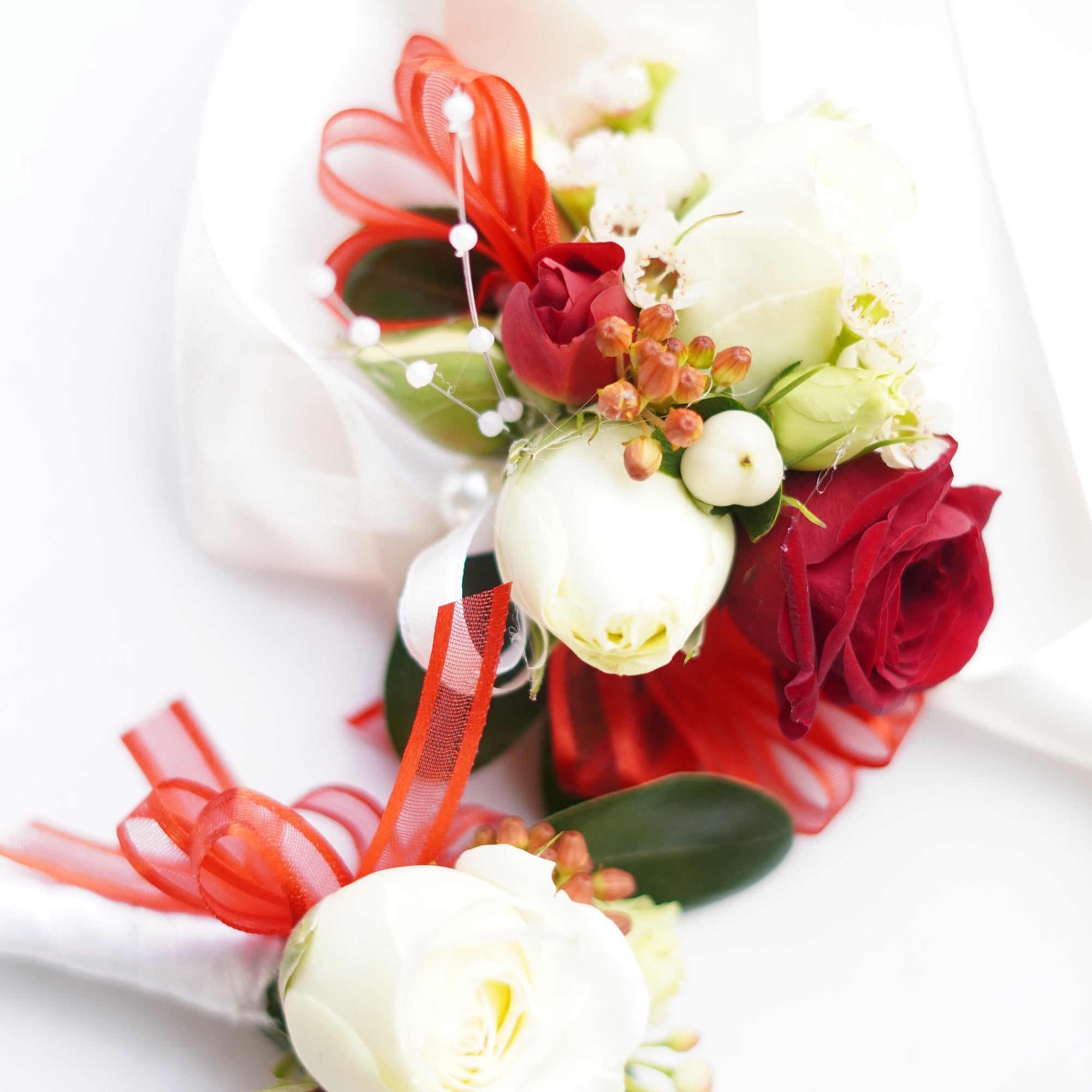 wedding corsage boutonniere matching set red ribbon