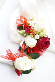 wedding corsage boutonniere matching set red ribbon
