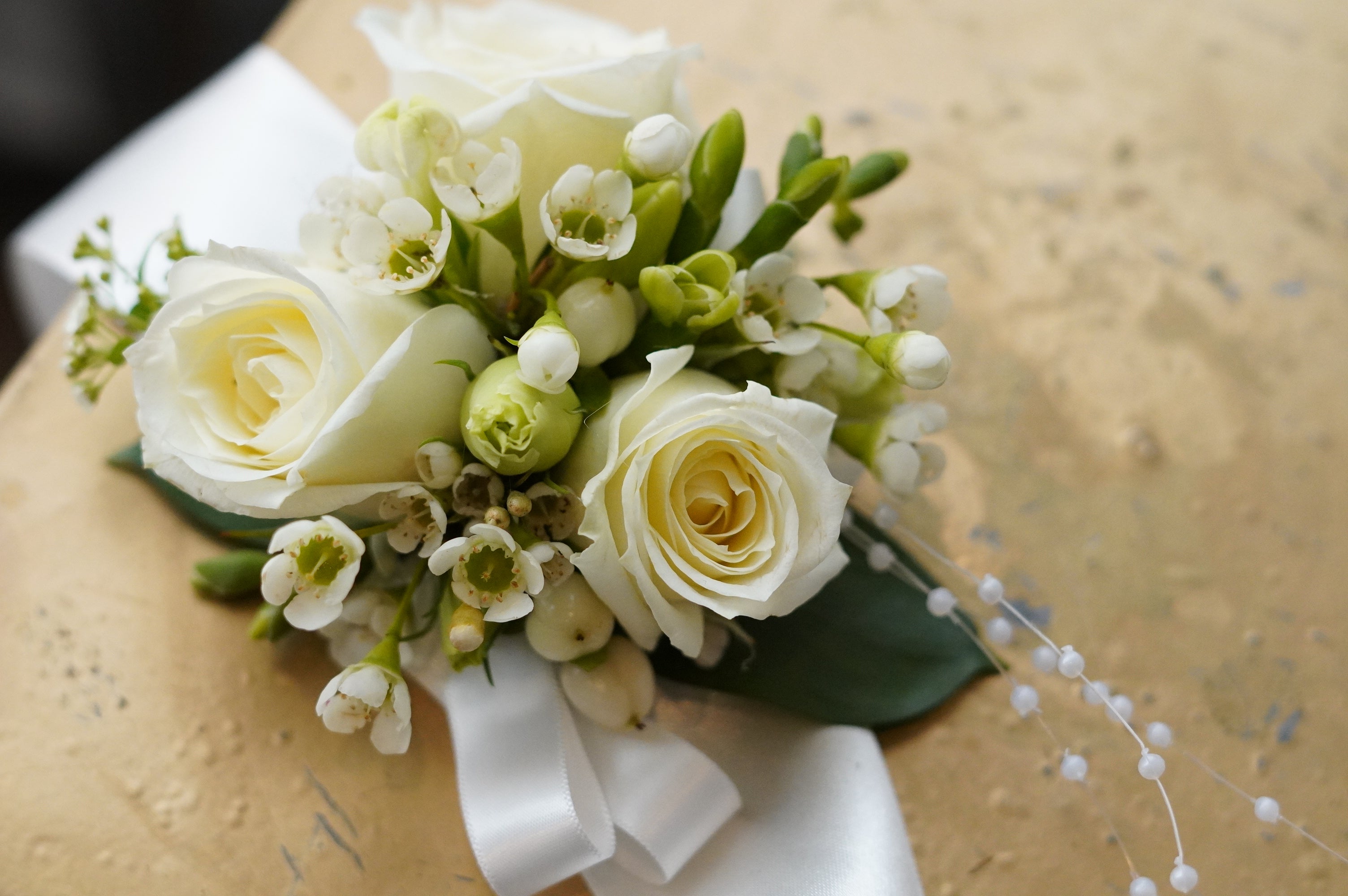 white rose wrist corsage wedding Toronto florist