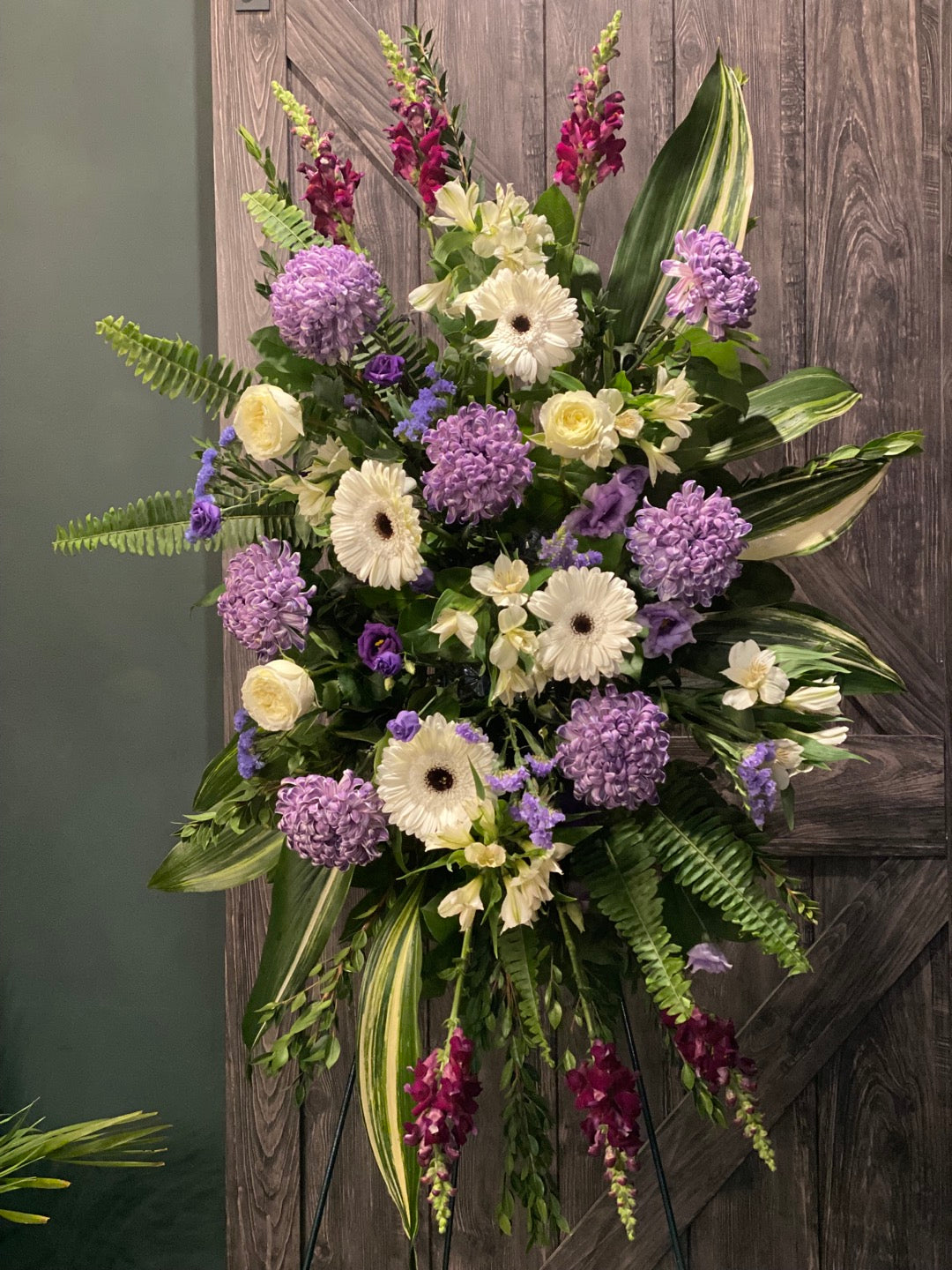 White & Purple Standing Funeral Spray