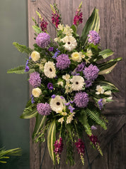 White & Purple Standing Funeral Spray