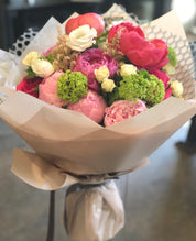 Luxury spring flower bouquet with pink peonies and roses. Professional floral design by Moon's Flowers, offering premium gift delivery services across the Greater Toronto Area (GTA) for Mother's Day