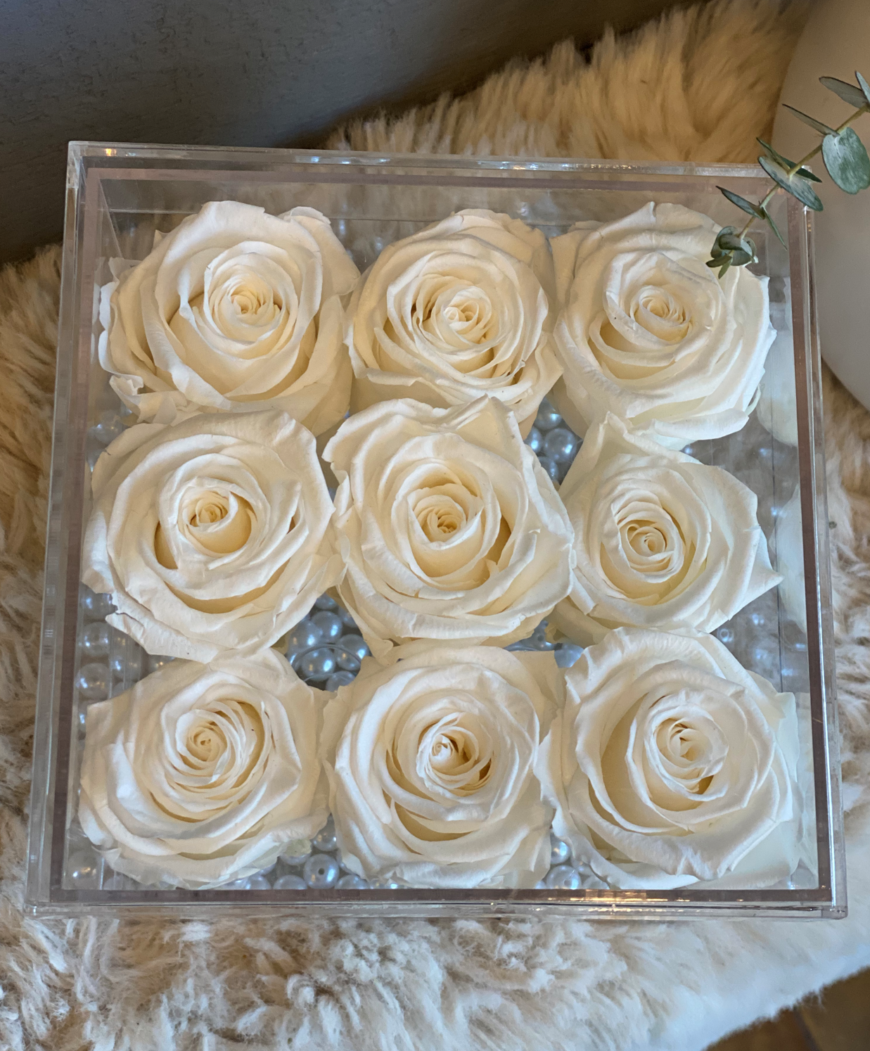 Birds eye view of the Preserved Roses in Acrylic Box in the white colour.